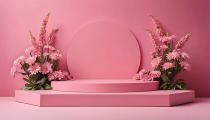 pink flowers with a pink round podium isolated on pink background