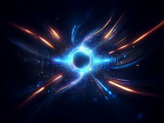 Obraz premium Glowing circular portal surrounded by dynamic, swirling energy streams. Vibrant blue and orange light streaks radiate outwards, creating a sense of speed and power. Abstract, futuristic, and energet