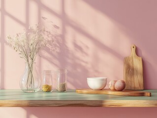 Minimalist kitchen shelf with flowers, spices, bowl, eggs, and wooden cutting board, bathed in soft sunlight against a pink wall.
