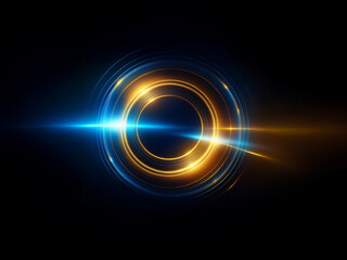 Abstract image of glowing concentric circles in blue and gold, intersected by a bright light streak across the center against a black background.  The effect is futuristic and energetic.