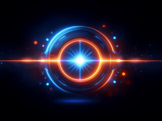 Obraz premium Glowing concentric circles of blue and orange light pulse with energy, creating a bright, futuristic portal effect against a dark background. A central, bright star-like point adds to the intense lum