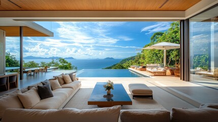 Fototapeta premium A stunning image of a lavish villa interior, showcasing spacious design, contemporary furnishings, and breathtaking ocean views