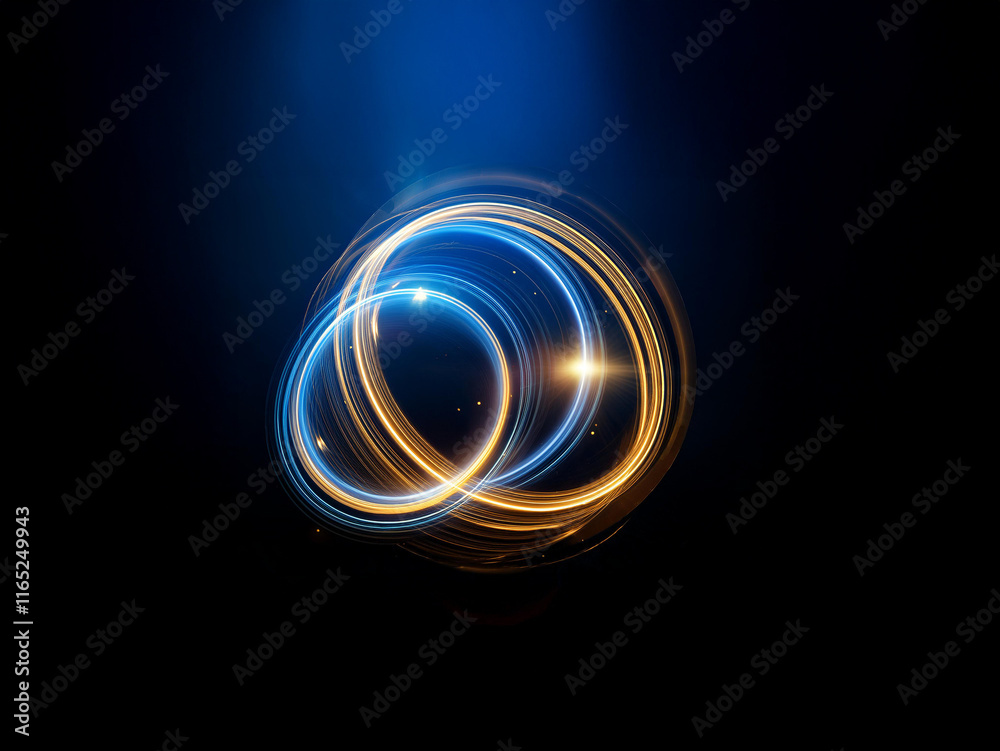Poster Abstract image of glowing blue and gold concentric circles, creating a dynamic, energy-filled sphere against a dark background.  The light trails suggest movement and power.