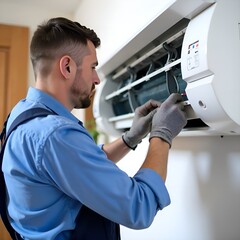 a professional technician in a uniform (blue overalls, safety gloves, and a tool belt) installing an air conditioning unit on a white wall