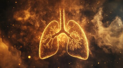 Anatomical representation of human lungs glowing with blue and red highlights. Blue and Orange Glows Overlay on Human Lungs - Respiratory Health.