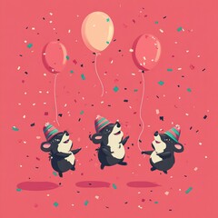 Three cheerful animals celebrating with balloons and confetti.