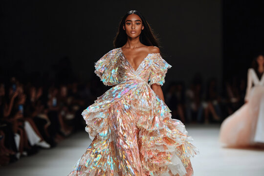 Fashion model wearing iridescent dress walking runway fashion show - Powered by Adobe