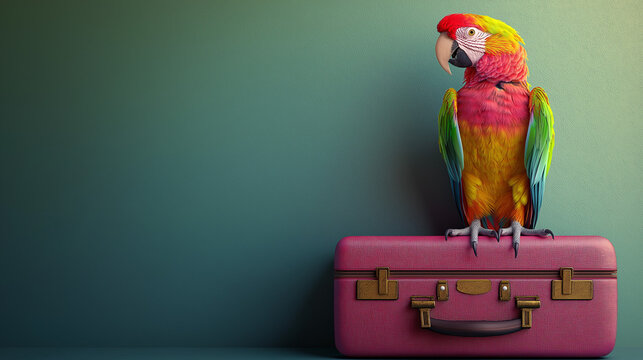 A parrot with rainbow-colored feathers wearing a straw hat perched on a travel suitcase. Highlighted by a deep purple background.
