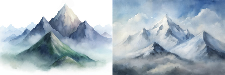 Majestic watercolor mountains with vibrant green hills, enveloped in soft mist and clouds.