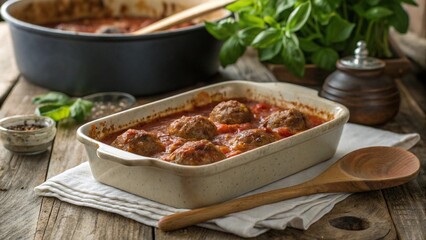 Perfectly baked meatballs ready to serve in a rustic setting with fresh herbs