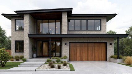Industrial-style façade with exposed steel beams, black metal-framed windows, large wooden front door, concrete and brick materials, ornamental grasses, and urban, edgy design for a modern look.