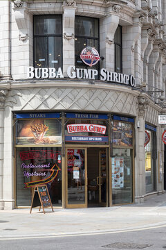 LONDON, UK - JULY 14, 2021:  Exterior view of the Bubba Gump Shrimp Company restaurant in Coventry Street