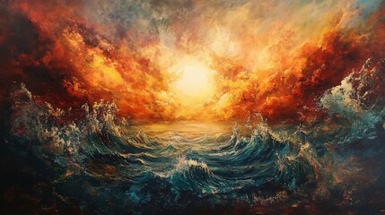 Fototapeta premium Fiery sunset over turbulent ocean waves.