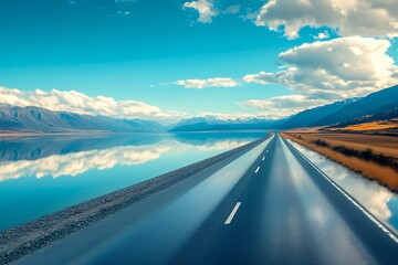 Fototapeta premium Scenic Road Beside Calm Lake and Mountains