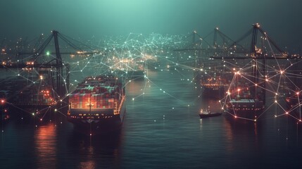 Global shipping network visualized with interconnected lines, container ships at sea 