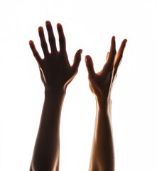 A pair of hands reaching upward to touch a screen, isolated on a white background with a clipping path.