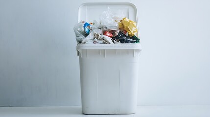 Full White Recycling Bin Overflowing with Household Waste