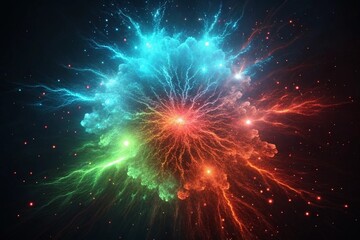 A highly detailed 3D illustration of an atomic particle explosion, featuring vibrant, glowing particle streams radiating outward.