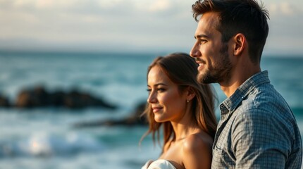 Fototapeta premium Smiling Couple Relaxing by the Ocean at Golden Hour