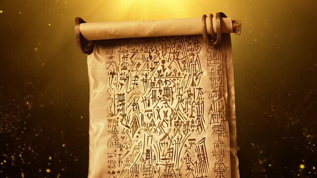 Ancient magical scroll unveiling video with golden light accents