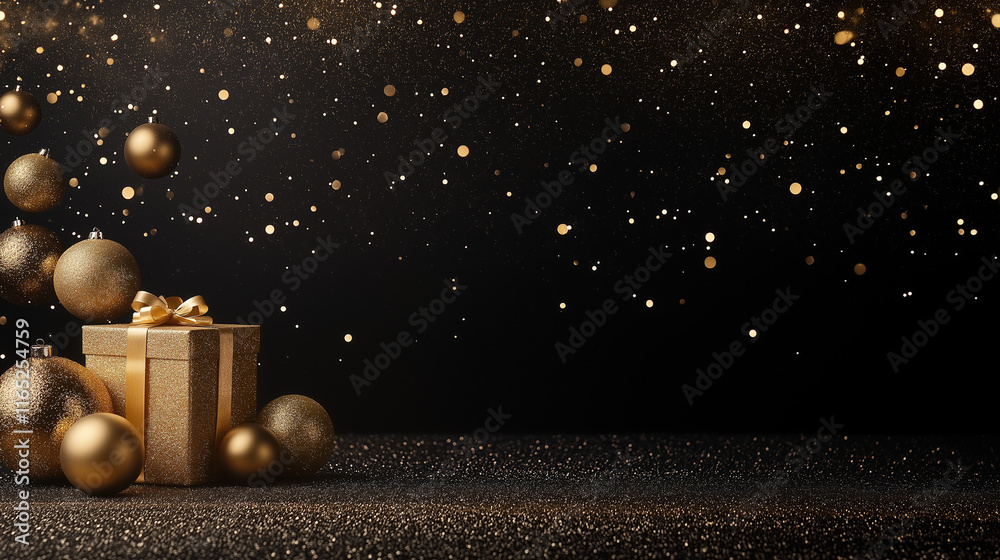 Wall mural Golden Christmas Gift:  A shimmering golden gift box surrounded by festive ornaments against a backdrop of falling glitter, creating a luxurious and celebratory Christmas scene.  