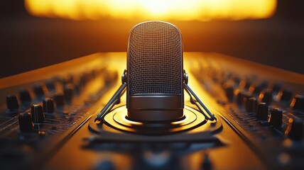 Microphone Vintage Concept. Vintage microphone on a sound mixer with warm sunset background.
