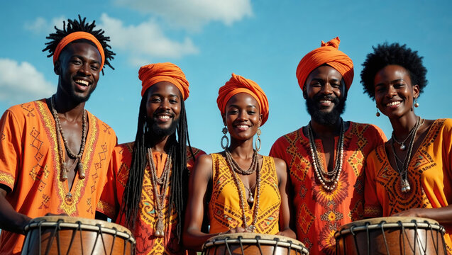 A group of African drummers radiates joy and cultural pride for campaigns celebrating musical diversity, African cultural heritage or world music festivals