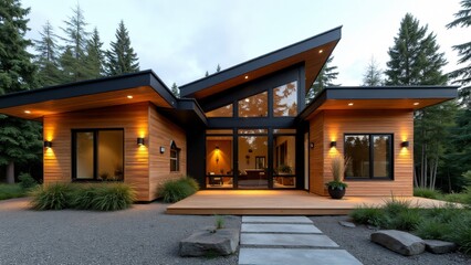 Fototapeta premium Natural wood siding façade with black-framed windows, sloped roof, wooden deck, stone planters, uplighting, gravel paths, and native greenery for a warm, modern aesthetic.