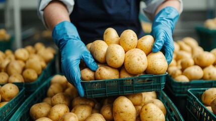 Food safety relies on quality monitoring. Hands holding fresh potatoes in a green basket.