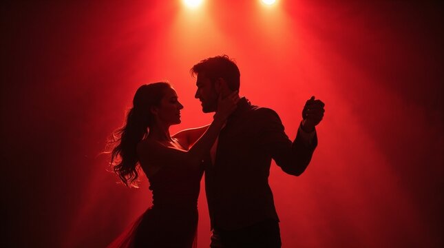 Romantic couple dancing under red lighting for a passionate Valentine's Day