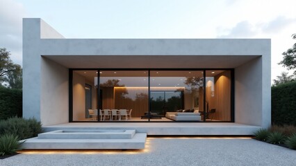 Minimalist façade with exposed concrete, panoramic glass walls, floating staircase, recessed entrance, gravel pathway, ornamental grasses, and LED lighting for sleek, modern elegance.