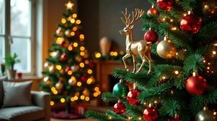 Festive Christmas tree with golden reindeer ornament and red and gold baubles, warm lighting, cozy living room setting