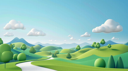 Illustrative Scenic Landscape with Rolling Hills and Puffy Clouds, Ideal for Environmental Concepts and Relaxation Themes