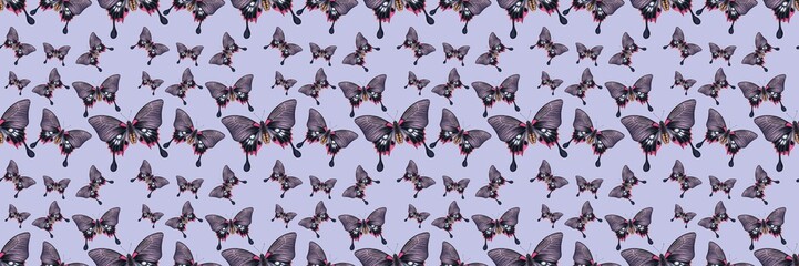 Seamless pattern of different butterfly. Hand-drawn vector insects, isolated on beige background. Spring season concept, Easter, nature.