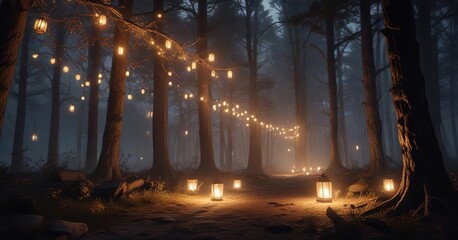 A dark forest is illuminated by the soft glow of lanterns on Christmas Eve, lanterns, forest, dark night