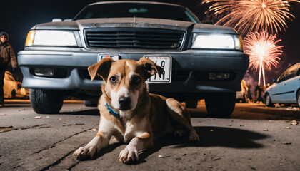 A dog scared by fireworks tries to hide among the cars. 