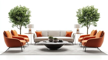 Fototapeta premium Modern Living Room Interior Design with Orange Armchairs and a Beige Sofa