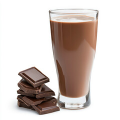 Glass of Rich Chocolate Drink Beside Dark Chocolate Squares on White Background, Perfect for Dessert and Beverage Concepts, Sweet Treats and Indulgence