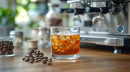 Iced coffee pouring from espresso machine into glass with ice cubes on wooden table.