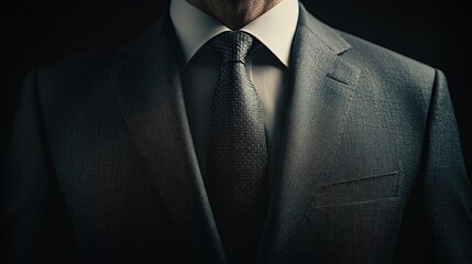 Elegance personified: A close-up of a sophisticated dark grey suit, impeccably tailored, with a crisp white shirt and a subtly patterned dark tie. The image exudes professionalism and refined style.