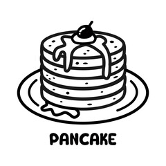 Black-and-white outline illustration of a pancake stack with syrup and a cherry on top, perfect for coloring books, food icons, or graphic design projects.