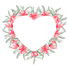 Heart shaped frame with wild flowers and leaves. Isolated watercolor illustration for invitation design, cafe decoration, children's parties, Valentine's Day, posters, postcards.