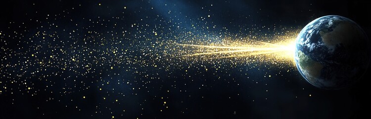 Fototapeta premium A planet in space, with light beams emanating from it and the Earth on its right side. 
