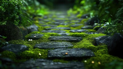 Fototapeta premium Serene Mossy Stone Path: A Tranquil Journey Through Lush Greenery