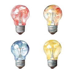 Watercolor Painting of Four Colorful Light Bulbs Representing Ideas and Innovation.