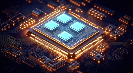 Fototapeta premium A close-up of an advanced microprocessor chip, glowing with light on the circuit board background. 