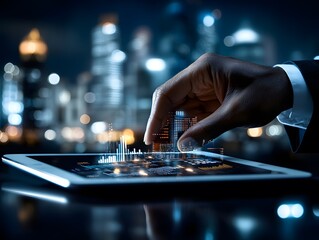 Hand interacting with a tablet displaying futuristic city hologram and data charts in a modern urban setting