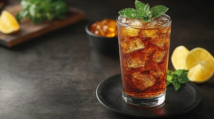 Iced tea with lemon and mint in tall glass on dark background.