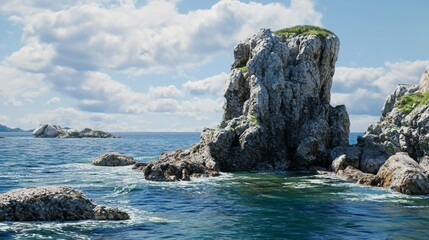 Naklejka premium Dramatic Ocean Rock Spire Coastal Landscape Sea Cliffs Waves Sky