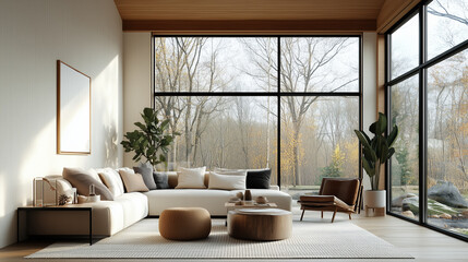 Fototapeta premium Modern living room with large windows and natural light, featuring plants and cozy furniture